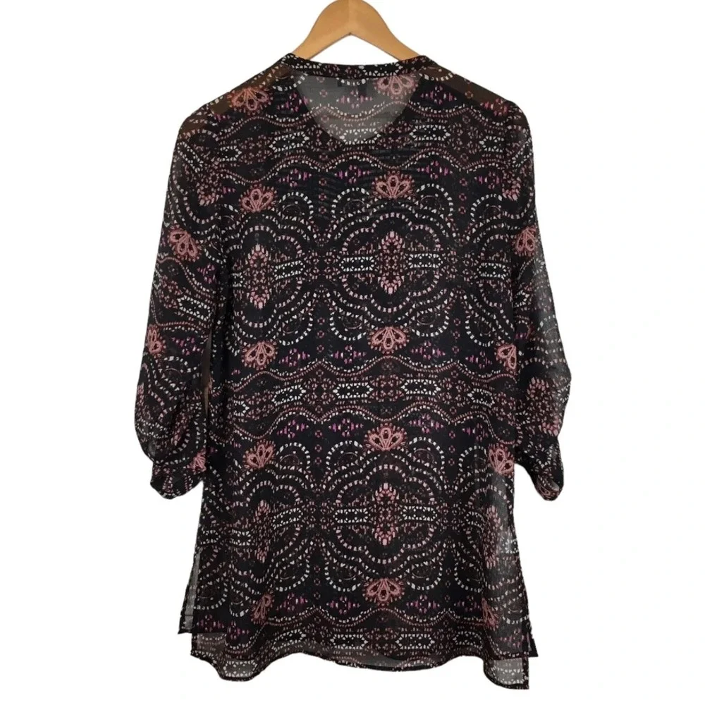 Daniel Rainn Blouse Womens Button Up Roll Tab Long Sleeve Chiffon Overlay Small